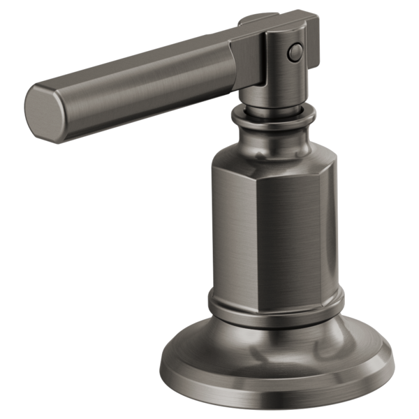 Brushed nickel lever handle faucet kit with cylindrical body and round base for widespread lavatory installation.