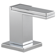 Polished chrome widespread faucet lever handle with rectangular spout and square base mount.