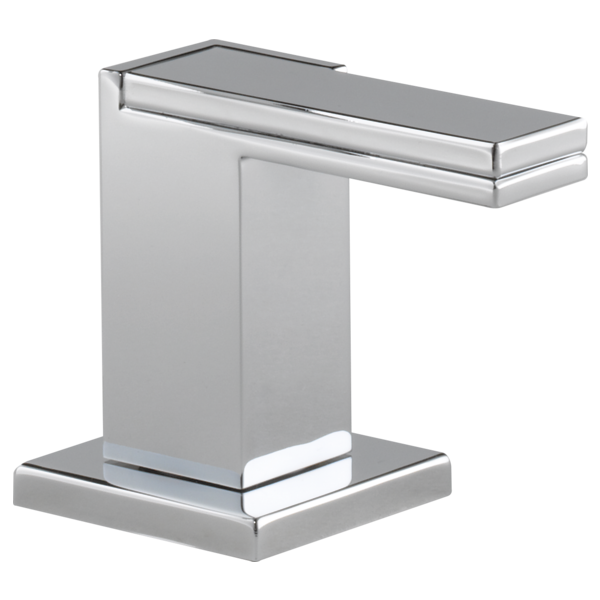Polished chrome widespread faucet lever handle with rectangular spout and square base mount.