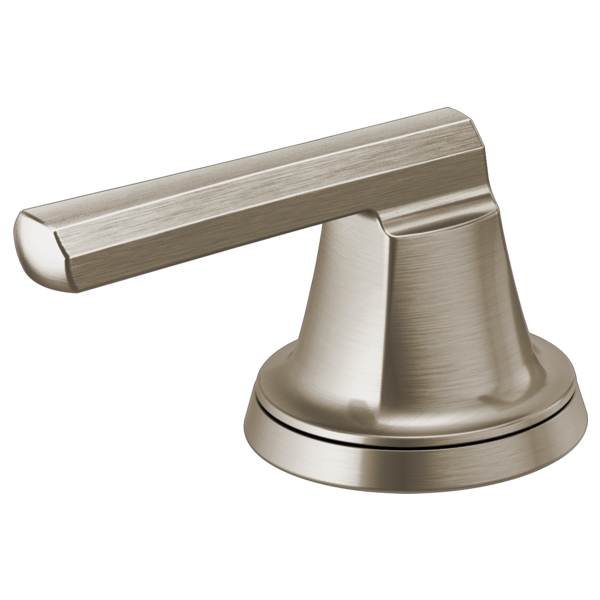 Brushed nickel lavatory faucet handle with low lever and round base.