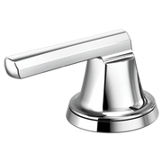 Chrome faucet handle with low lever design and round base for widespread lavatory installation.