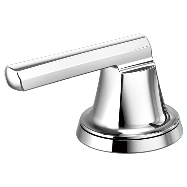 Chrome faucet handle with low lever design and round base for widespread lavatory installation.