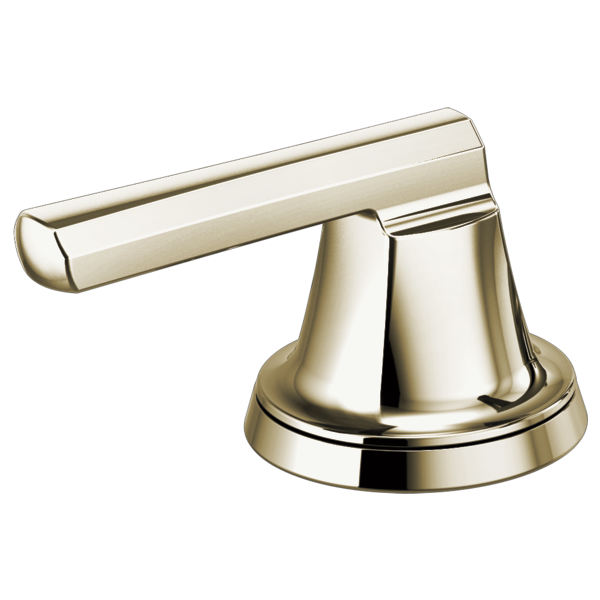 Polished nickel faucet handle with low lever design and round base collar for widespread lavatory sink installation.