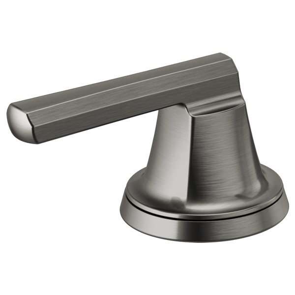 Brushed nickel widespread lavatory faucet handle with low lever design and round base.