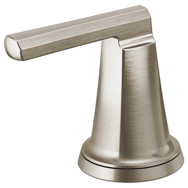 Brushed nickel widespread lavatory faucet with high lever handle and conical base.