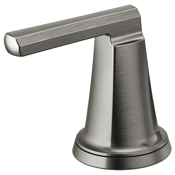 Brushed stainless steel widespread lavatory faucet lever handle with conical base and horizontal spout.