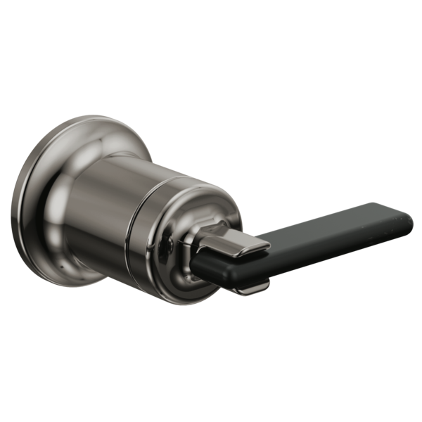 Chrome wall-mount faucet with single black lever handle and cylindrical spout.