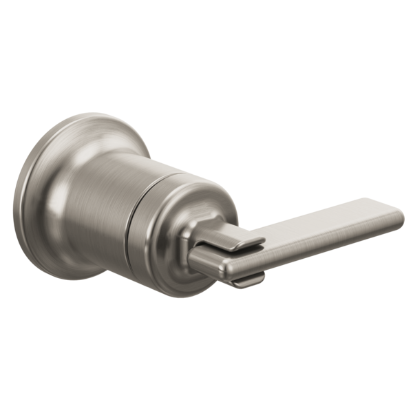 Brushed nickel wall-mounted faucet lever handle with cylindrical body and decorative collar ring.