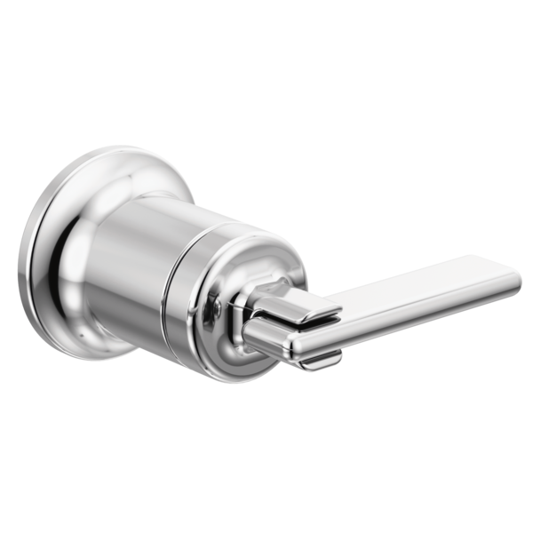 Chrome wall-mounted lavatory faucet with cylindrical body and single flat lever handle.