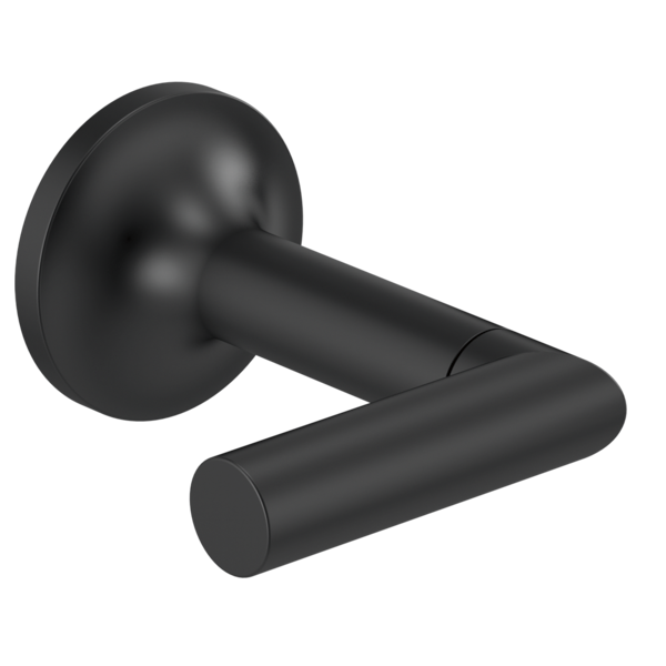 Black wall-mounted lever faucet handle with circular backplate and cylindrical lever arm.