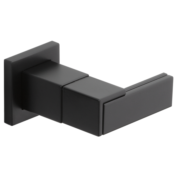 Black wall-mounted lever handle with square escutcheon plate and rectangular lever arms.
