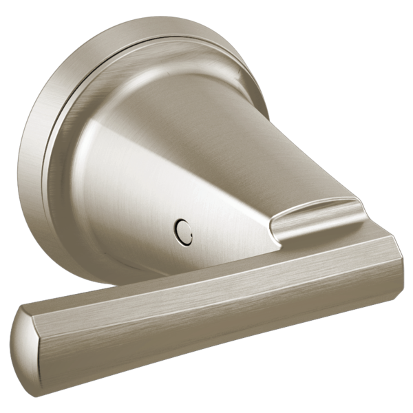 Brushed nickel wall-mounted lavatory faucet lever handle with circular escutcheon plate and horizontal handle bar.