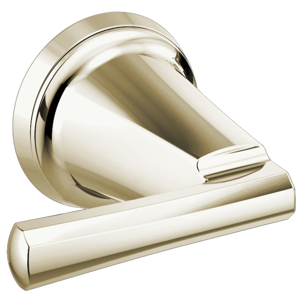 Polished nickel wall-mounted lavatory faucet lever handle with curved spout and cylindrical handle.