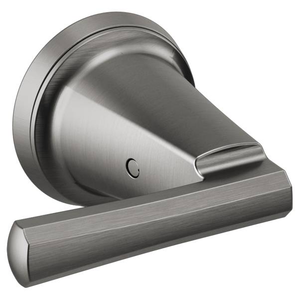 Brushed chrome wall-mounted lever handle with cylindrical spout and circular escutcheon plate.