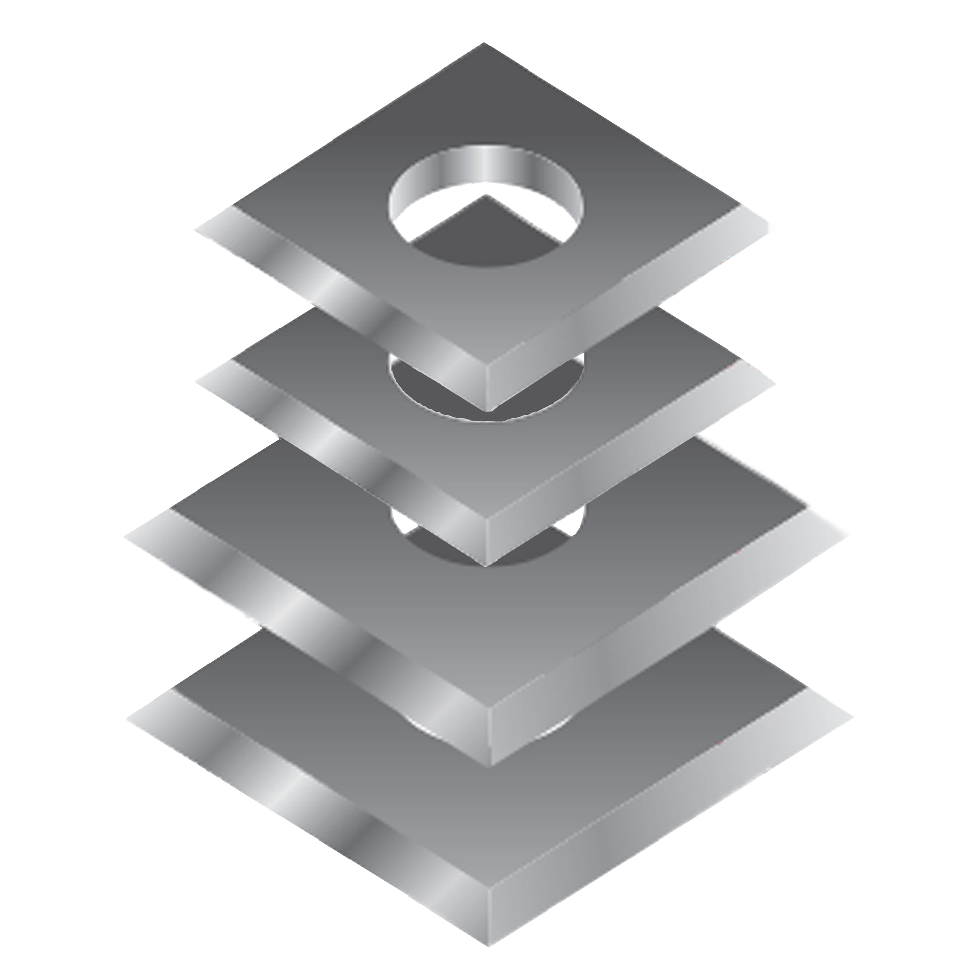 Four stacked metallic replacement insert knife blades with center mounting holes, displayed in isometric view.