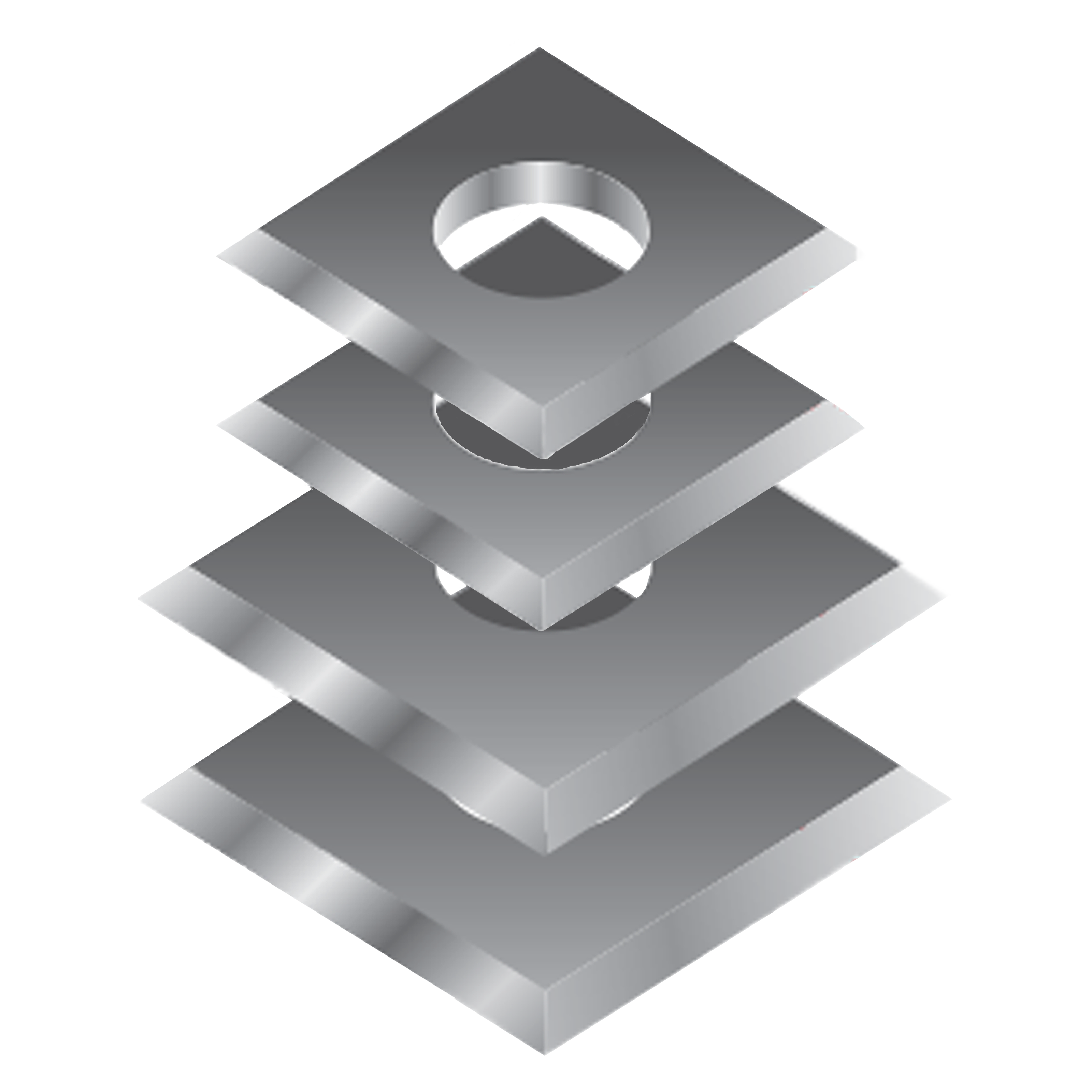 Four stacked metallic replacement insert knife blades with center mounting holes, displayed in isometric view.