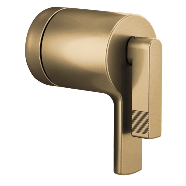 Champagne bronze thermostatic valve trim with cylindrical body and rectangular lever handle.