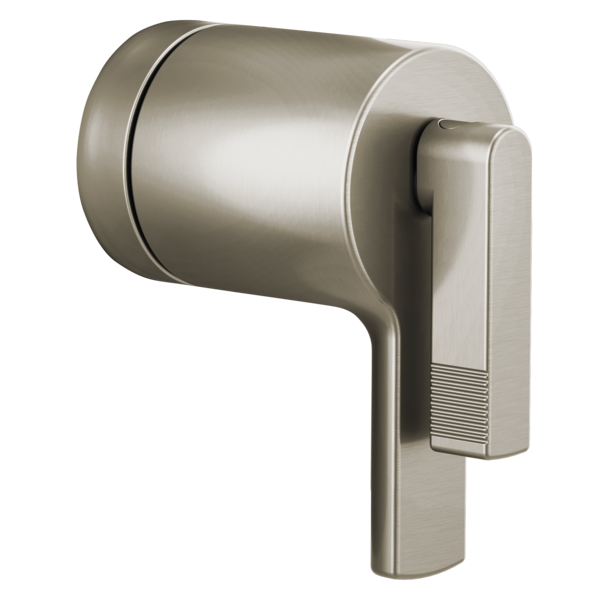 Brushed nickel thermostatic valve trim with cylindrical body and rectangular lever handle.