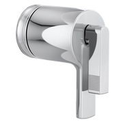 Chrome and white thermostatic valve trim with single lever handle and round escutcheon plate.