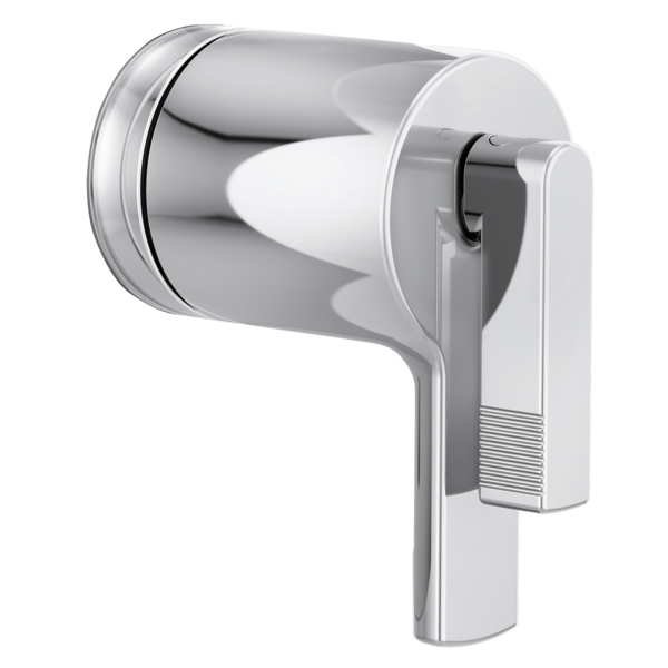 Chrome and white thermostatic valve trim with single lever handle and round escutcheon plate.