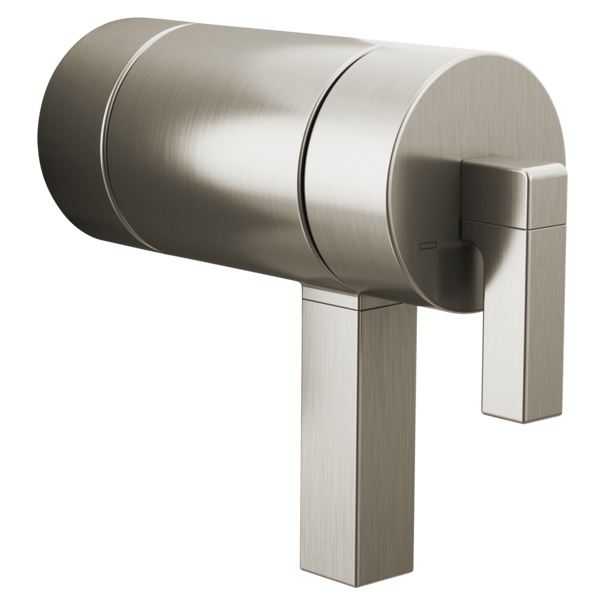 Brushed nickel thermostatic valve lever handle with cylindrical body and rectangular lever arms.