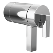 Chrome thermostatic valve with cylindrical body and rectangular lever handle in geometric design.