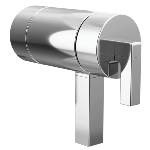 Chrome thermostatic valve with cylindrical body and rectangular lever handle in geometric design.