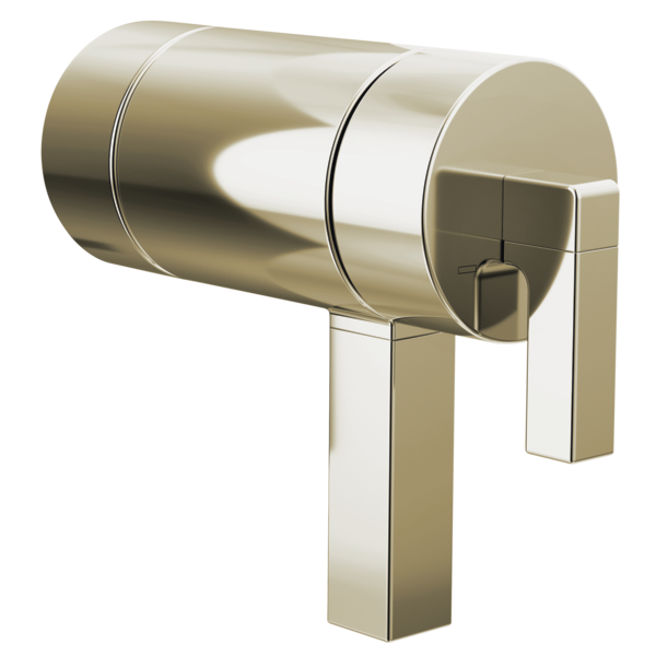 Brushed nickel thermostatic valve with rectangular lever handle and cylindrical body mounted horizontally.