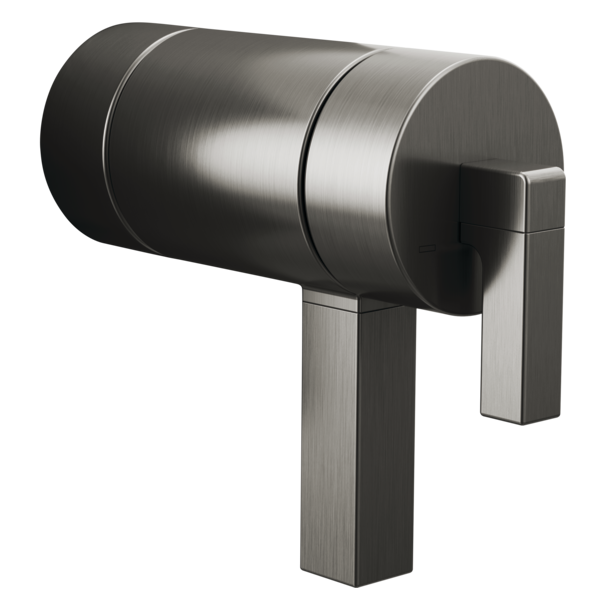 Brushed stainless steel thermostatic valve with cylindrical body and rectangular lever handle.