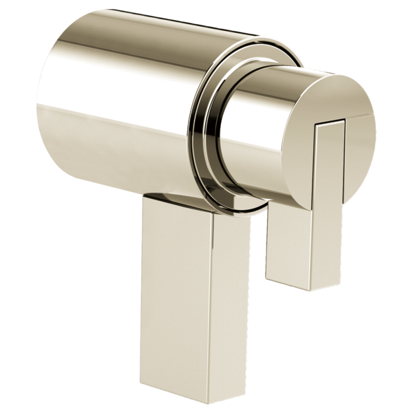 Polished nickel thermostatic valve trim with cylindrical body and lever handle mounted on rectangular escutcheon.