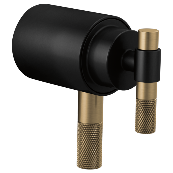 Matte black cylindrical thermostatic trim with dual luxe gold t-lever handles and knurled grip sections.