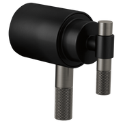 Matte black cylindrical thermostatic valve trim with dual luxe steel T-lever handles featuring knurled grip texture.