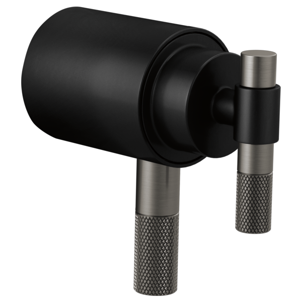 Matte black cylindrical thermostatic valve trim with dual luxe steel T-lever handles featuring knurled grip texture.
