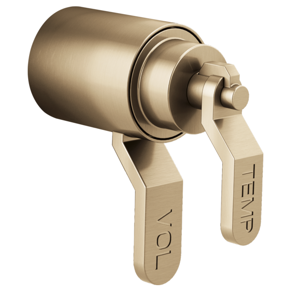 Brushed champagne bronze thermostatic valve trim with industrial lever handles and round escutcheon plate.