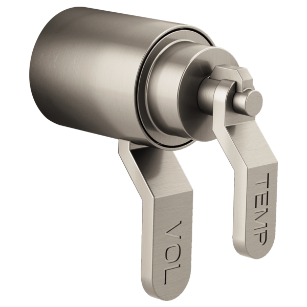 Brushed nickel thermostatic valve trim with dual industrial lever handles and cylindrical body.