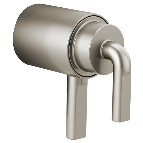 Brushed nickel thermostatic valve trim with notch lever handle and cylindrical body.