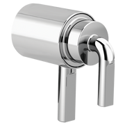 Chrome thermostatic valve trim with notch lever handles and cylindrical body.