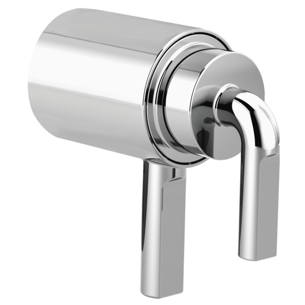 Chrome thermostatic valve trim with notch lever handles and cylindrical body.