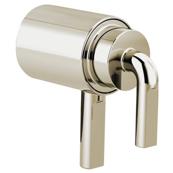 Polished nickel thermostatic valve trim with notch lever handle and cylindrical escutcheon plate.