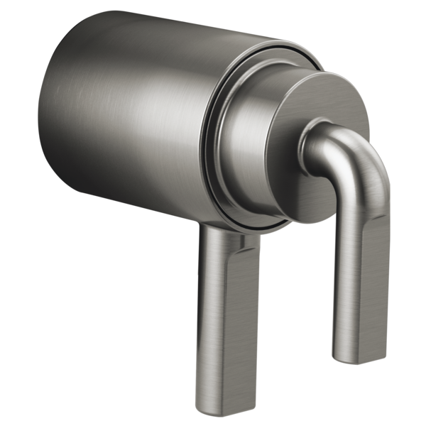 Brushed nickel thermostatic valve trim with cylindrical body and angular lever handle.