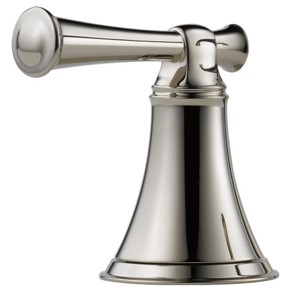 Polished nickel roman tub lever handle with cylindrical spout and bell-shaped base.