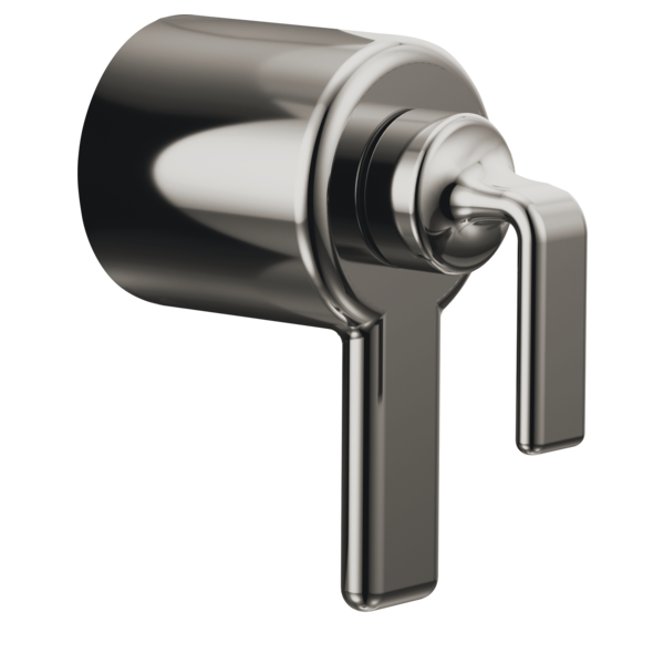 Chrome thermostatic valve trim with rectangular lever handle and cylindrical escutcheon plate.