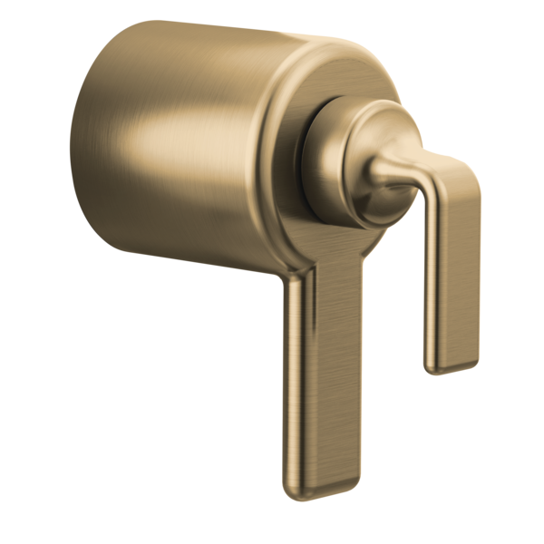Brushed gold thermostatic valve trim with rectangular twist handle and cylindrical body.