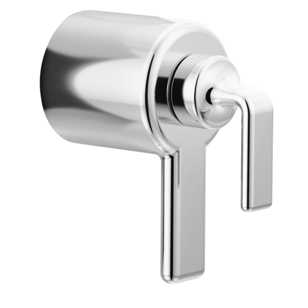 Polished chrome thermostatic valve trim with lever handle and cylindrical escutcheon plate.