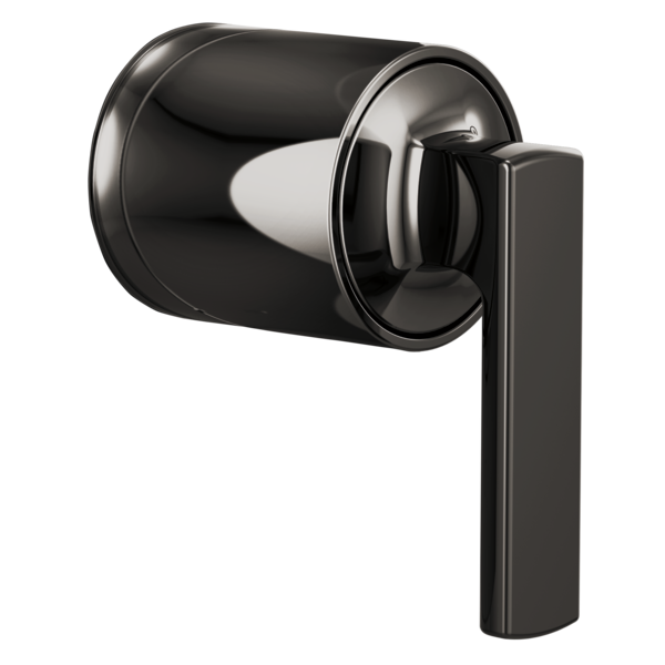 Black and chrome pressure balance valve trim with lever handle and cylindrical escutcheon plate.