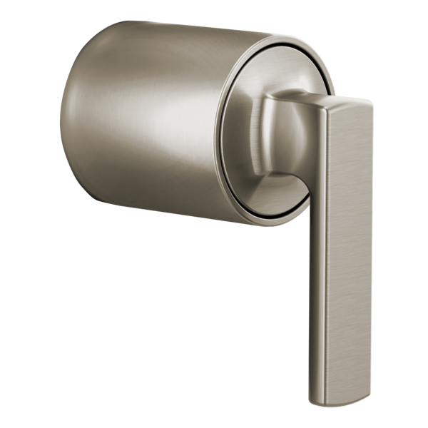 Brushed nickel lever handle trim kit with cylindrical escutcheon and angular handle for pressure balance valve.