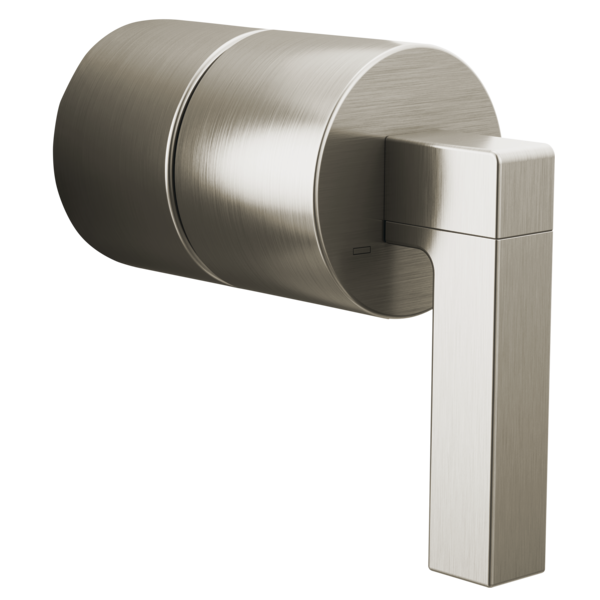 Brushed nickel pressure balance valve with square lever handle and cylindrical body.