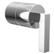 Chrome pressure balance valve with cylindrical body and rectangular lever handle in profile view.
