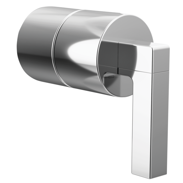 Chrome pressure balance valve with cylindrical body and rectangular lever handle in profile view.