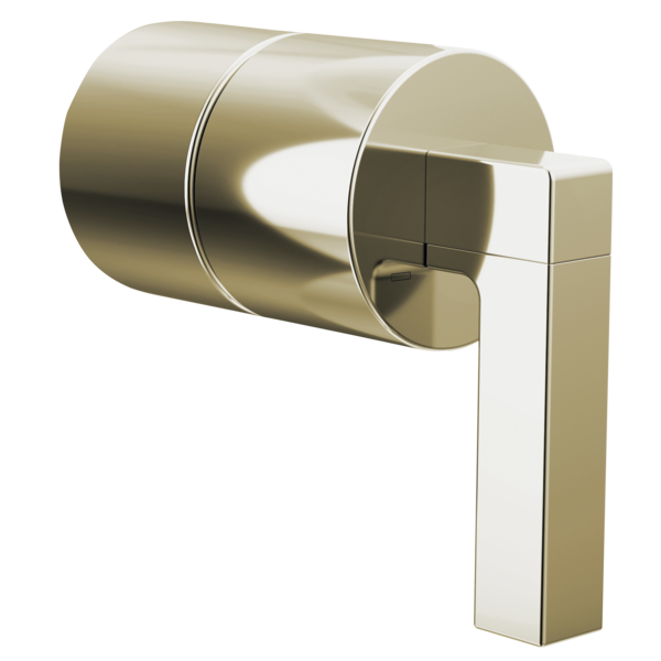 Brushed gold cylindrical pressure balance valve with white rectangular lever handle mounted on side.